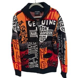 Harley Davidson Mens Multicolor Patchwork Zip Up Knit Sweater Jacket Size S Rare